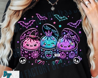 Kawaii Halloween Dumpling PNG, Neon Faux Glitter Spooky Cute Clipart, Sparkle Food Character Shirt Deign, Shirt Sublimation Digital Download