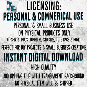 May include: Text-based graphic with the words "LICENSING: PERSONAL & COMMERCIAL USE" in black and teal. Additional text details personal and small business use, and mentions items like t-shirts, mugs, and stickers. It also states "INSTANT DIGITAL DOWNLOAD".