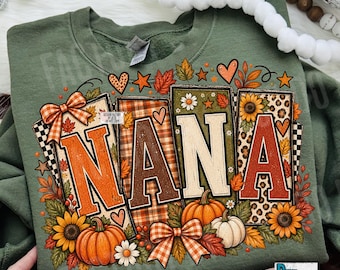 Fall Nana PNG, Autumn Grandma Shirt Design, Pumpkin Patchwork PNG, Plaid Leopard Nana Sublimation, Cozy Fall Digital Download