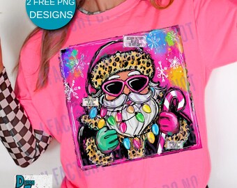 Preppy Christmas Santa Claus, Colorful Retro Watercolor Leopard Santa Png Pink Christmas Holiday Merry And Bright Digital Download Original