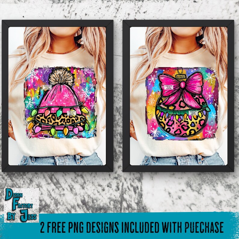 May include: Two framed images of graphic designs on t-shirts. One design features a pink winter hat with a pom-pom, leopard print, and string lights. The other design shows a pink bow on a Christmas ornament with leopard print. The background is a colorful watercolor design.