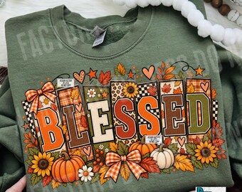 Blessed Fall PNG, Christian Thanksgiving Shirt Design, Retro Patchwork PNG, Rustic Autumn Sublimation,Pumpkin Plaid Leopard Digital Download