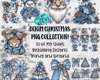 10 Denim Christmas PNG Bundle, Cute Rustic Winter Xmas PNG, Santa Claus Png, Trendy Vintage Holiday Sublimation Designs, Tis The Season PNG