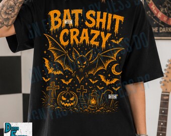 Bat Shit Crazy PNG, Funny Halloween Shirt Design, Bat Lover Graphic, Retro Spooky Season Sublimation,  Trendy Halloween Digital Download
