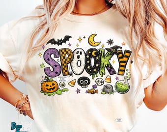 Spooky PNG, Trendy Retro Halloween PNG, Cute Doodle Ghost Design, Checkerboard Fall Sublimation, Halloween Shirt Graphic, Instant Download