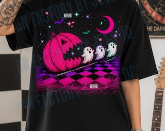 Funny Neon Pumpkin Ghost Png, Trendy Pink Checkered Halloween Sublimation, Retro Spooky Season Shirt Design, Pumpkin Chasing Boo Ghost Png