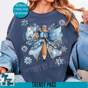 Denimlärare Coquette Cottagecore png Denim snöflinga julpenna png Söt vinter png Lärare julskjorta design God lärare png