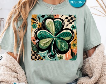 Retro Clover St Patrick’s Day Png, Preppy Checkered Irish Shamrock Digital Design, Trendy St Paddy PNG Download, Lucky Clover Sublimination