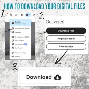 May include: A guide on how to download digital files, with numbered steps. The first step shows a profile menu with options like "Purchases and reviews." Step two shows a "Download files" button. The final step displays a "Download" button with a cloud icon.