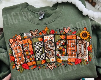 Blessed Fall PNG, Christian Thanksgiving Shirt Design, Retro Patchwork PNG, Rustic Autumn Sublimation, Trendy Plaid Leopard Digital Download