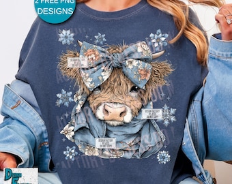 Denim Coquette Cottagecore Highland Cow Png Denim Snowflake Christmas Png Cute Rustic Winter Xmas Png Trendy Vintage Christmas Merry Xmas