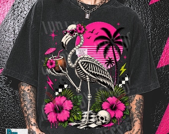 Retro Skeleton Flamingo Summerween PNG, Tropical Goth Beach Vacation Design, Spooky Summer Vintage Horror Halloween Sublimation Download