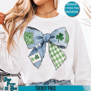 May include: White long-sleeve shirt featuring a large, watercolor-style bow design. The bow is blue with green patchwork and a green and white gingham pattern. Shamrock accents are included. The text "TRENDY PNGS" is at the bottom.