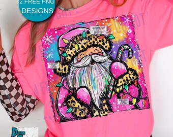 Preppy Christmas Santa Claus, Colorful Retro Watercolor Leopard Santa Png Pink Christmas Holiday Merry And Bright Digital Download Original