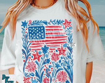 Floral American Flag PNG, Patriotic 4th of July Sublimation Design, Boho Red White Blue Shirt Graphic, Independence Day PNG, Memorial Day