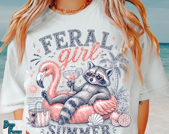 Feral Girl Summer PNG, Funny Raccoon Shirt Design, Retro Raccoon Summer Vibes  Graphic, Trendy Margarita Beach Vacation Sublimation File