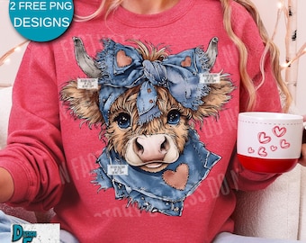 Valentine Highland Cow Denim Coquette Png, Western Cow Valentines Day, Retro Valentine Heifer Cowgirl Denim Patchwork Png, Original Design