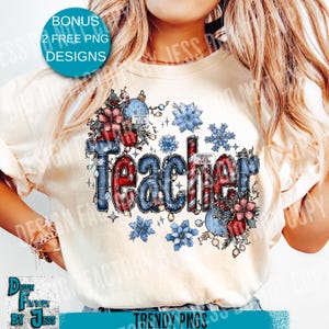 Denim Teacher Cottagecore png, Denim Snowflake Xmas png, Söt vinterrutig png lärare julskjorta design Merry Teacher digitalt original
