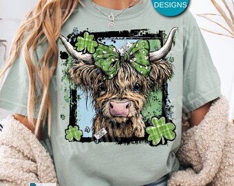 Highland Cow St Patrick's Day PNG, Retro Coquette St Paddy's Day Sublimination Design, Trendy Grunge Shamrock Irish Cow Clover Digital Art