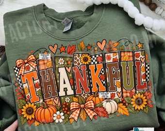 Thankful Fall PNG, Thanksgiving Shirt Design, Retro Fall Patchwork PNG, Rustic Autumn Sublimation, Pumpkin Season Plaid Digital Download