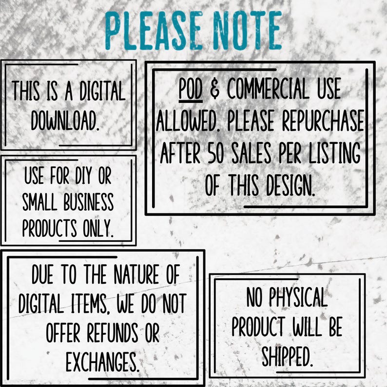 May include: A digital download graphic with the text "PLEASE NOTE" in teal. The image contains text boxes with information about the digital product, including usage rights, and refund policies. The background is a textured, off-white color.