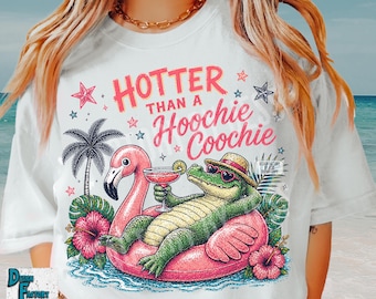 Hotter Than A Hoochie Coochie PNG Funny Summer Shirt, Alligator Margarita Design, Retro Beach Pool Party Sublimation Graphic, Gator Lake Png