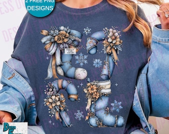 Denim Coquette Cottagecore Christmas Stockings Png Denim Candy Cane Bow Christmas Snowflakes Western Vintage Rustic Patchwork Digital Design