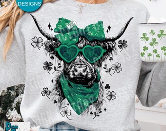 Highland Cow St Patrick's Day Png, Retro Coquette Funny St Paddy's Day Shirt Design, Trendy Shamrock Irish Clover Sublimination, Lucky Cow