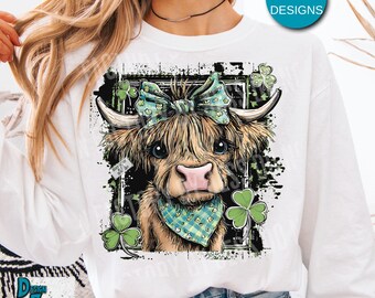Highland Cow St Patrick's Day PNG, Retro Coquette St Paddy's Day Sublimination Design, Trendy Grunge Shamrock Irish Cow Clover Digital Art