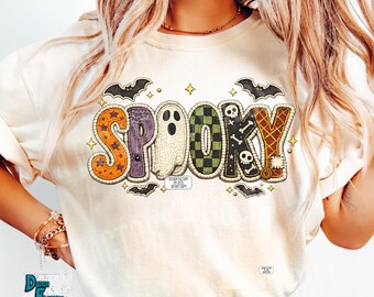 Spooky Faux Yarn PNG, Halloween Patch Design, Retro Ghost Checkered Shirt PNG, Embroidered Look Digital Download, Trendy Bats Spooky Season
