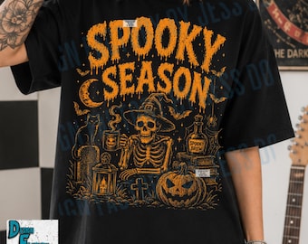 Spooky Season Halloween PNG, Halloween Shirt Design, Trendy Skeleton Witch Graphic, Retro Vintage Gothic Sublimation Horror Digital Download