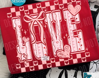 May include: Red t-shirt with the word "LOVE" in a decorative font, featuring hearts and a bow. The design includes a checkerboard pattern and the text "TRENDY PNGS 4 COLOR OPTIONS BY JESS". Additional text includes "BONUS 2 FREE PNG DESIGNS".