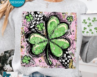 Preppy Clover St Patrick’s Day Png, Grunge Checkered Irish Shamrock Digital Design, Trendy St Paddy PNG Download, Lucky Clover Sublimination