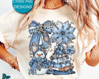 Denim Coquette Cottagecore Christmas Png, Denim Plaid Snowflake Snowmen Bow Christmas Tree Western Vintage Rustic Patchwork Digital Design