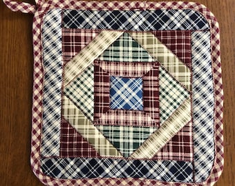 Square in a Square, Block, Quilted Pot Holder, Blue Center, Hot Pad