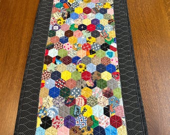Scrappy, Hand Pieced Table Runner, Dresser Scarf, Wall Hanging, Hexie Topper