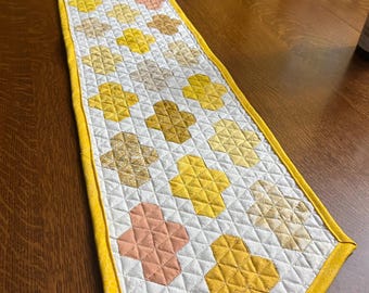 Hand-Sewn,Machine Quilted, Hexagon Table Runner: Haypenny Style in Yellows, 3/4 Inch Hexie Topper