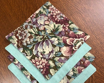 Mauve and Green Floral, Cloth 2-ply, Set of 4 Lunchbox Napkins, Zero Waste,
