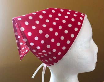 Adult Headscarf, Head Kerchief, Red with White Polka Dots, Cotton Ties, Teen to Adult Size