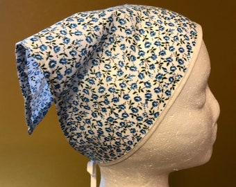 Adult Headscarf, Head Kerchief with Ties, Blue Floral on White Fabric