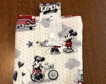 Mass Media Book Sleeve, Mickey and Minnie in Love Fabric, Tab and Snap Closure, Padded