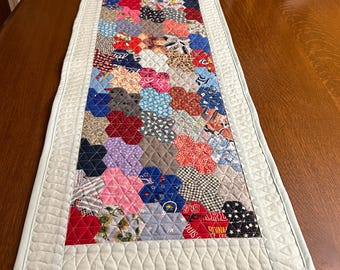 Baby Blue Border Hexagon Table Runner: Haypenny Style Scrappy 3/4 Inch Hexie Topper