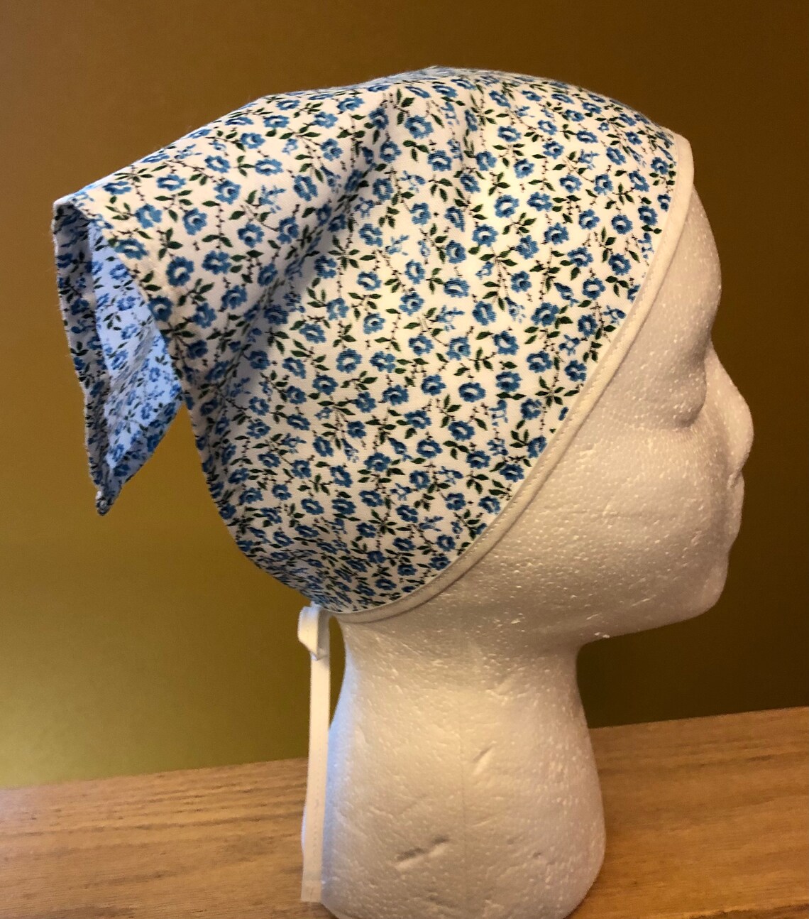 Head Kerchief with Ties Pretty Blue Floral on White | Etsy