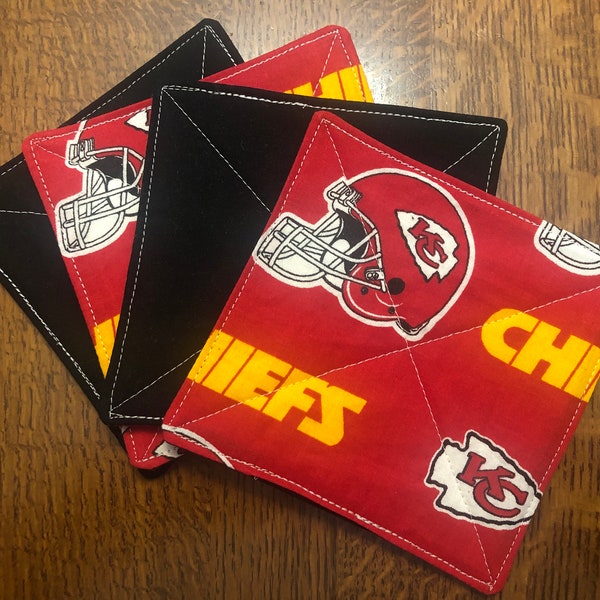 Kansas City Chiefs Coasters, Set of 4, Mug Rugs, Quilted, Black Fabric, Reversible