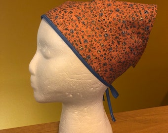 Adult Headscarf, Head Kerchief, Peach and Blue. Calico Floral, Scarf with Ties
