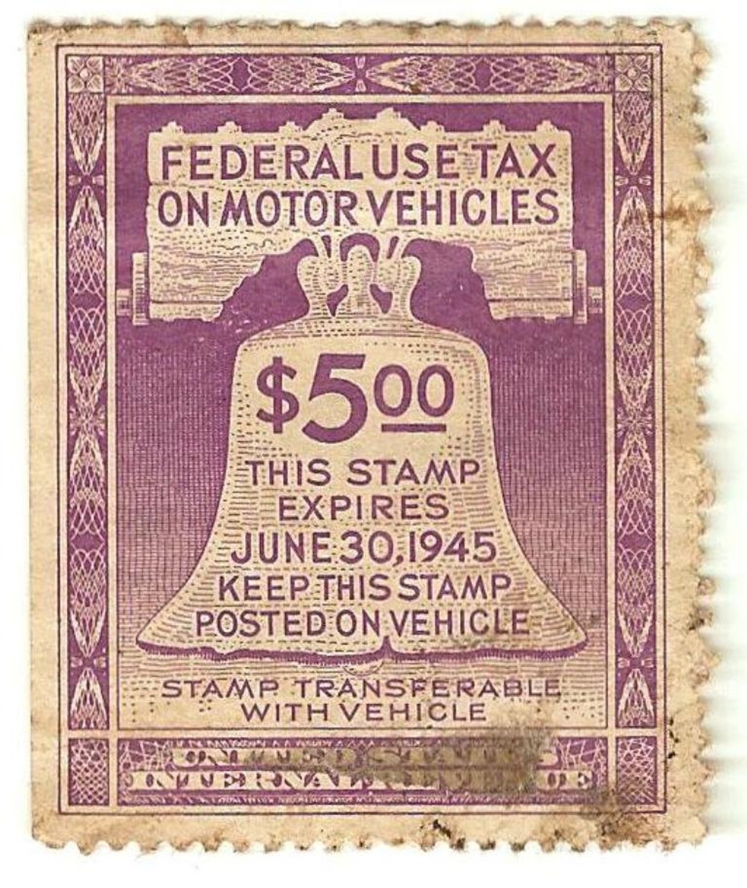 Vintage Find, Federal Use Tax on Motor Vehicles Stamp, 1945, Unused Etsy