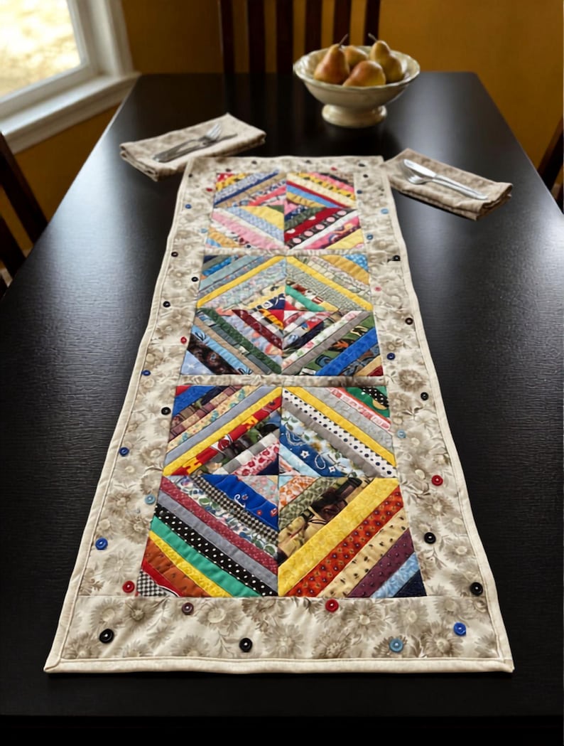 Hand made String Quilt Blocks Table Runner that is machine quilted over the blocks and includes button quilting on the border. Measures approximately 46 x 16 inches.