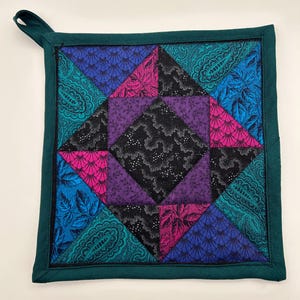 Jewel Tones Square in a Square Quilted Hot Pad, Hang Tab Pot Holder
