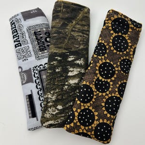 Set of 3 Cast Iron Handle Covers, Sunflowers, Camou, and Barber Shop