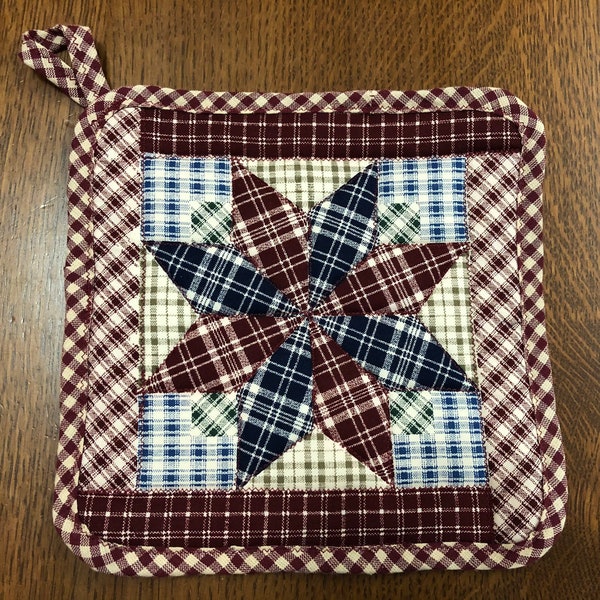 Lemoyne Star, Red and Blue, Quilted Pot Holder, Hot Pad